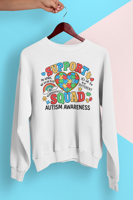 Support Squad Autism Awareness Apparel – Puzzle Heart Rainbow Design