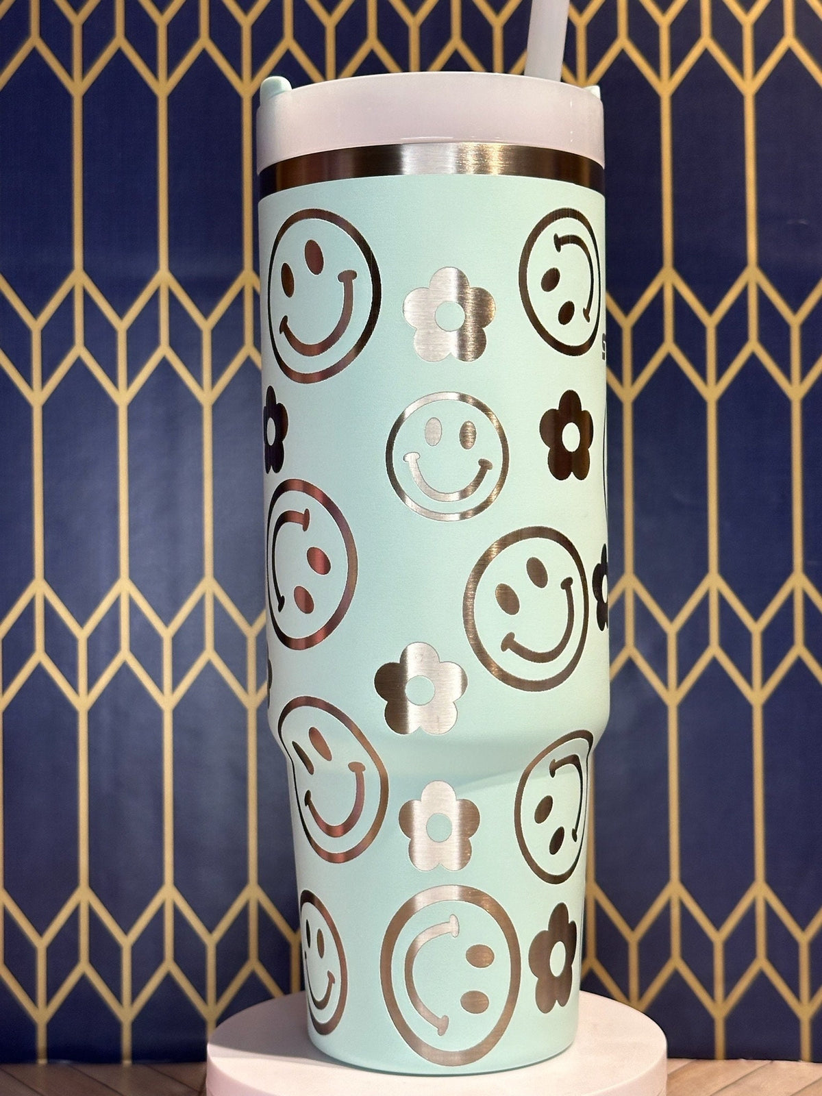 Engraved Tumbler with Smiley Faces and Flowers