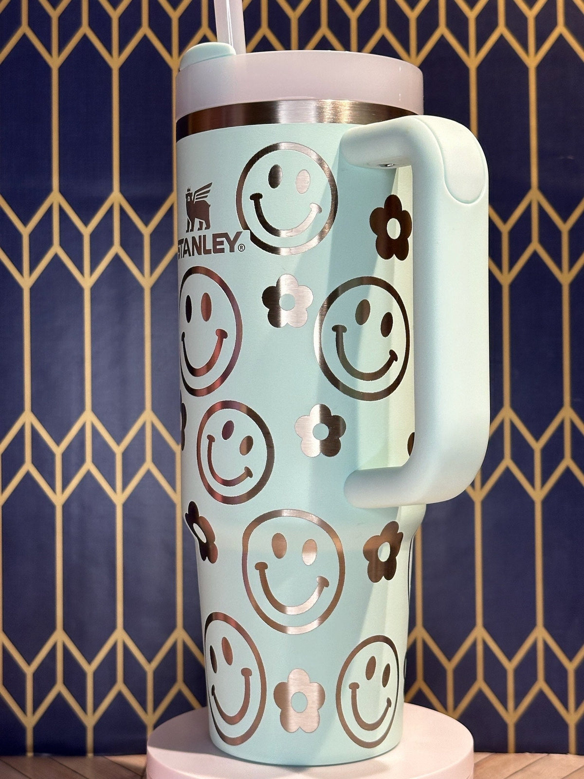 Engraved Tumbler with Smiley Faces and Flowers