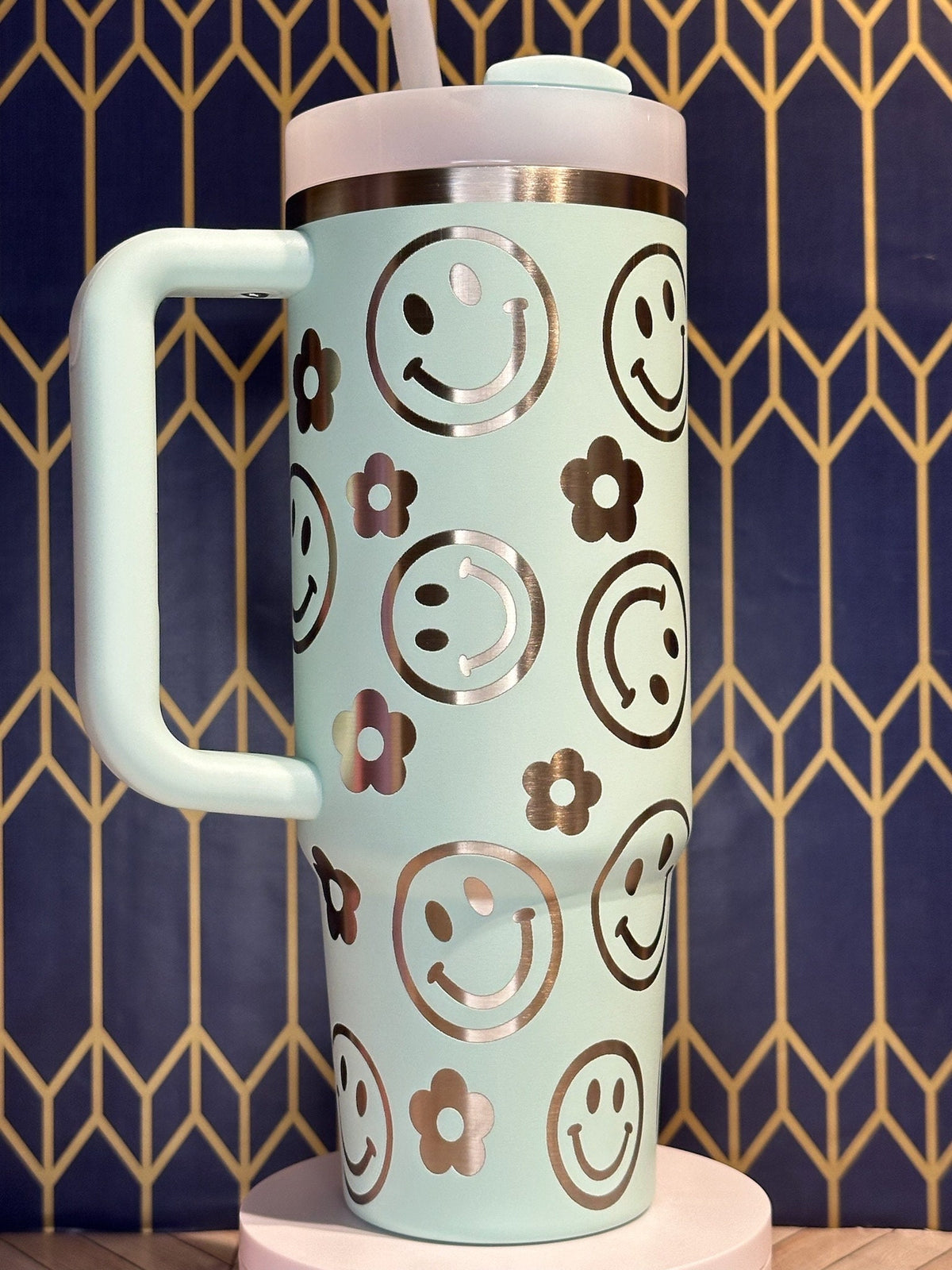 Engraved Tumbler with Smiley Faces and Flowers