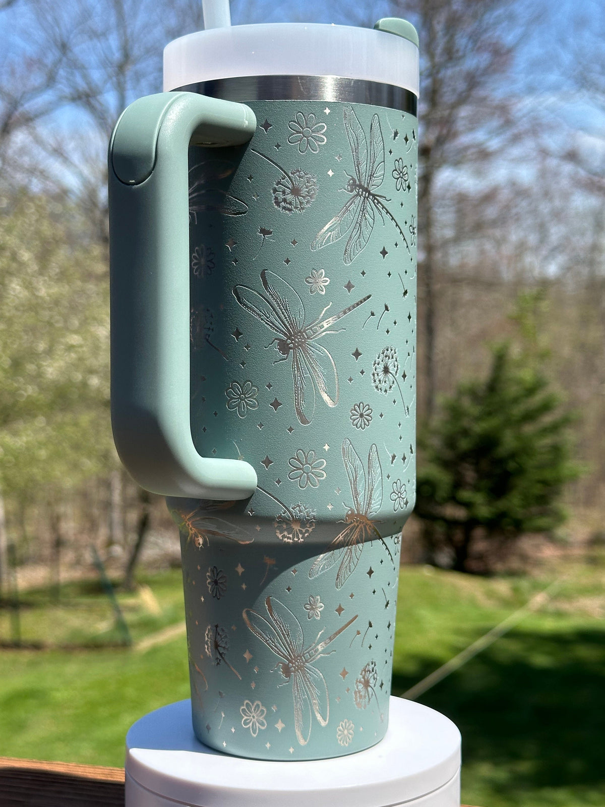 Dragonfly and Dandelion Engraved Tumbler
