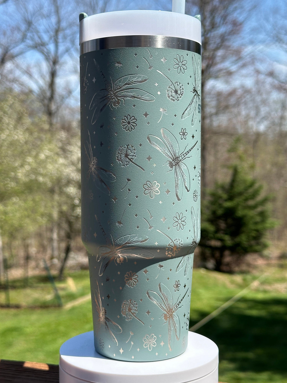 Dragonfly and Dandelion Engraved Tumbler