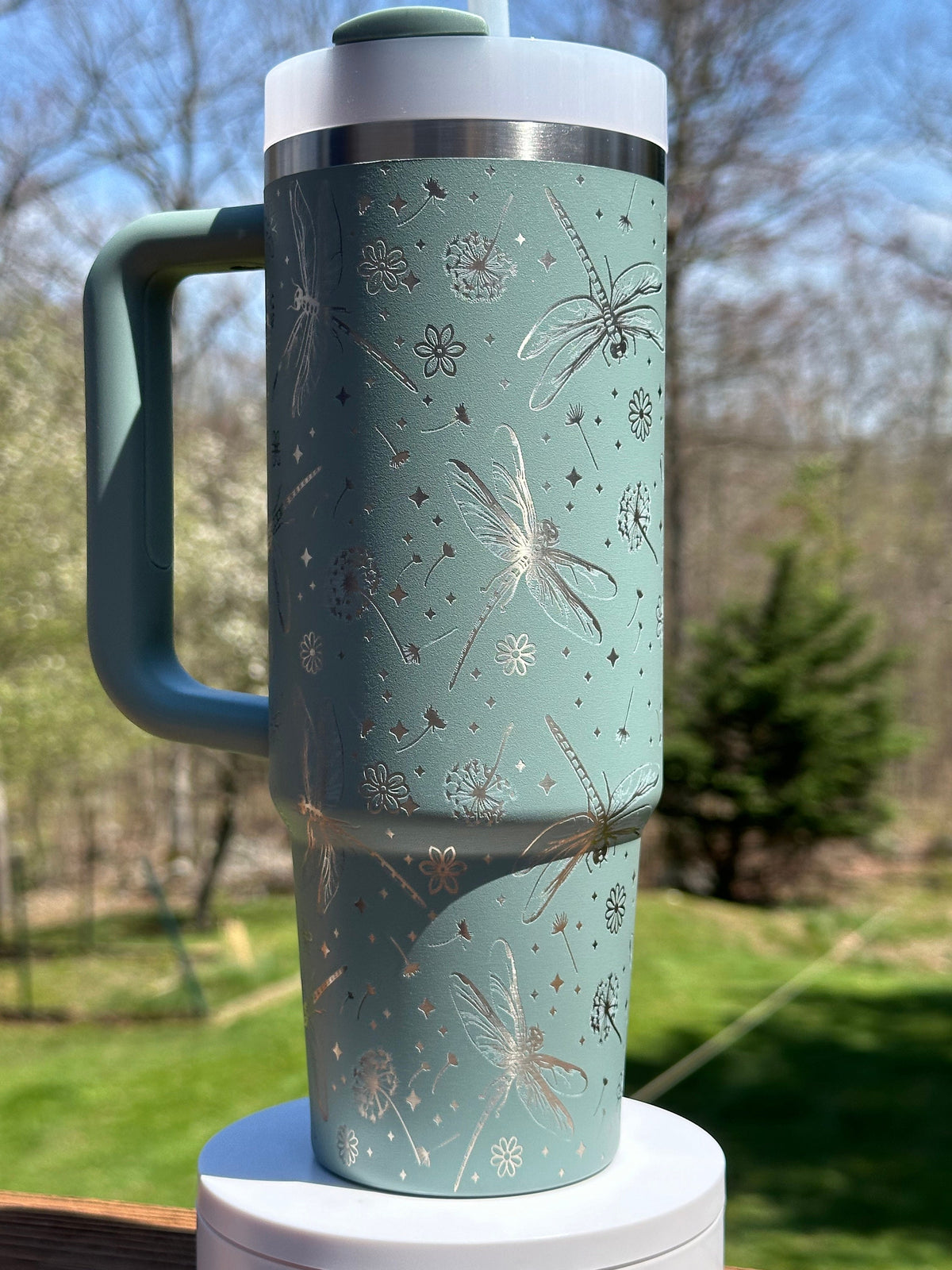 Dragonfly and Dandelion Engraved Tumbler