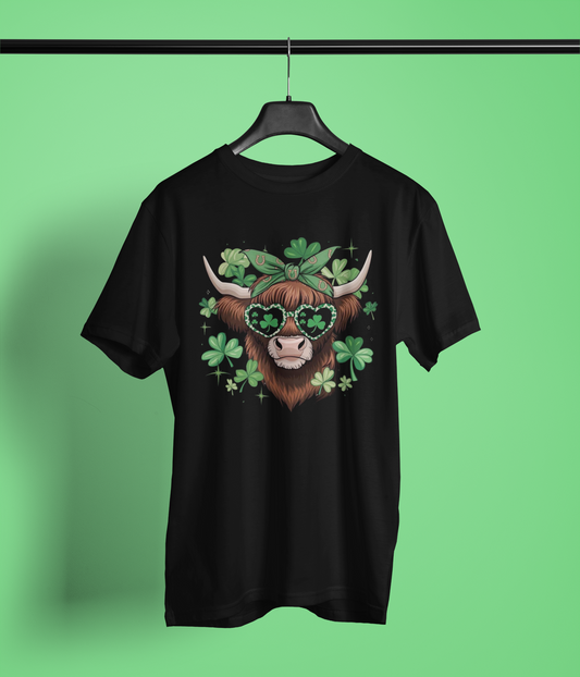 Lucky Highland Cow Clover Graphic Apparel