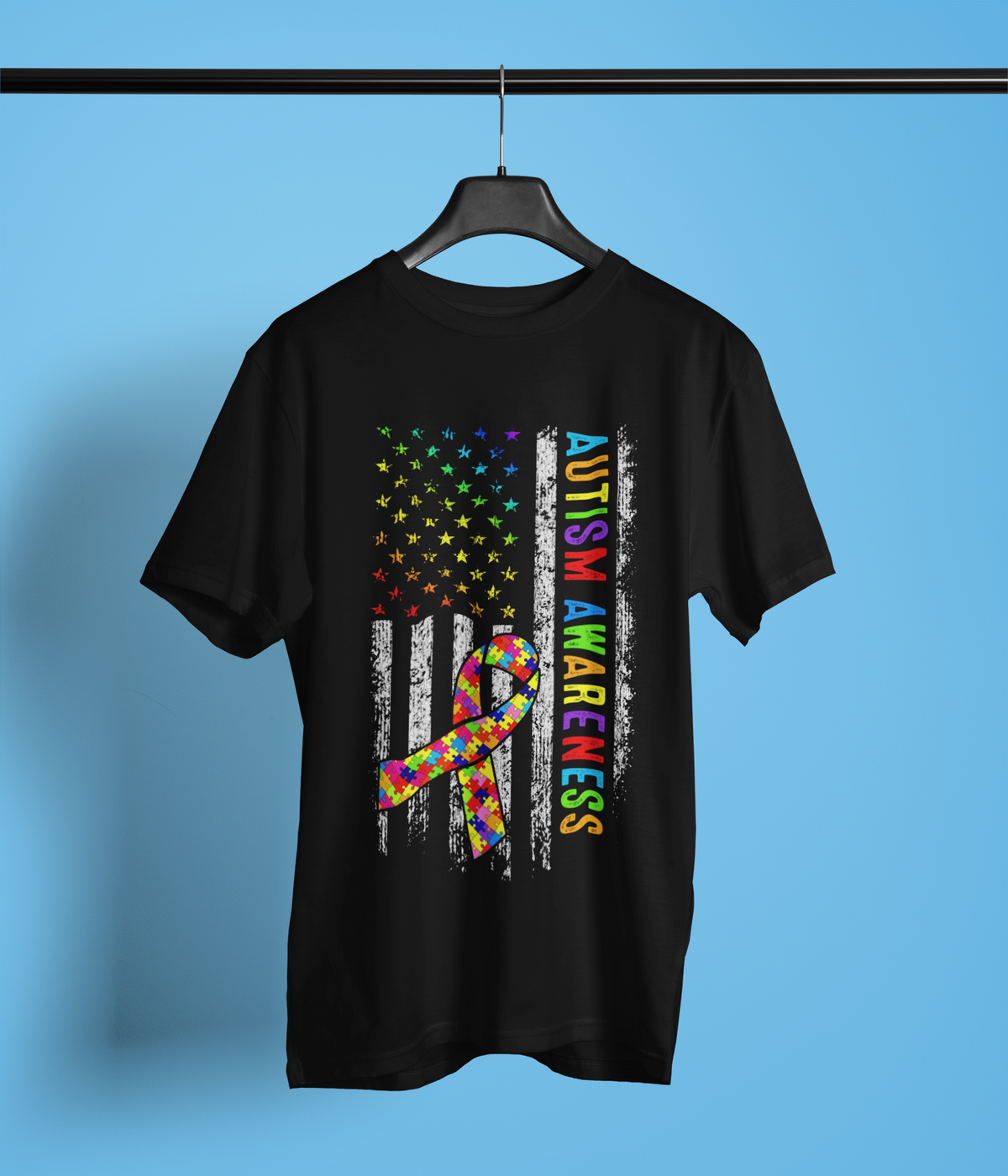 Autism Awareness Apparel – American Flag Puzzle Ribbon Patriotic Neurodiversity Design
