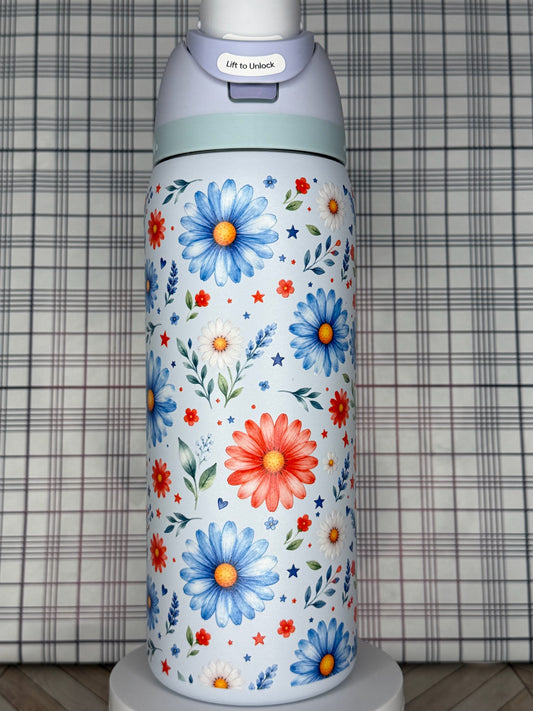 Patriotic Floral Owala Tumbler Red White & Blue Flower Owala  4th of July Daisy Cup