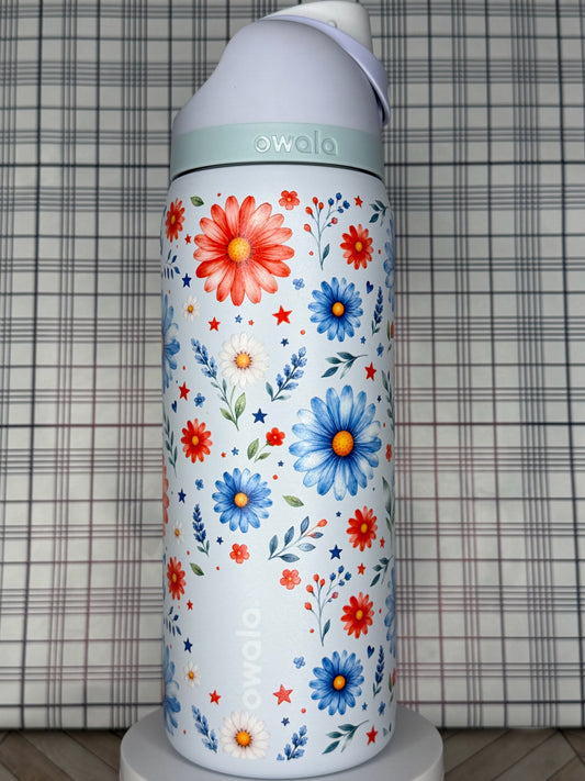 Patriotic Floral Owala Tumbler Red White & Blue Flower Owala  4th of July Daisy Cup