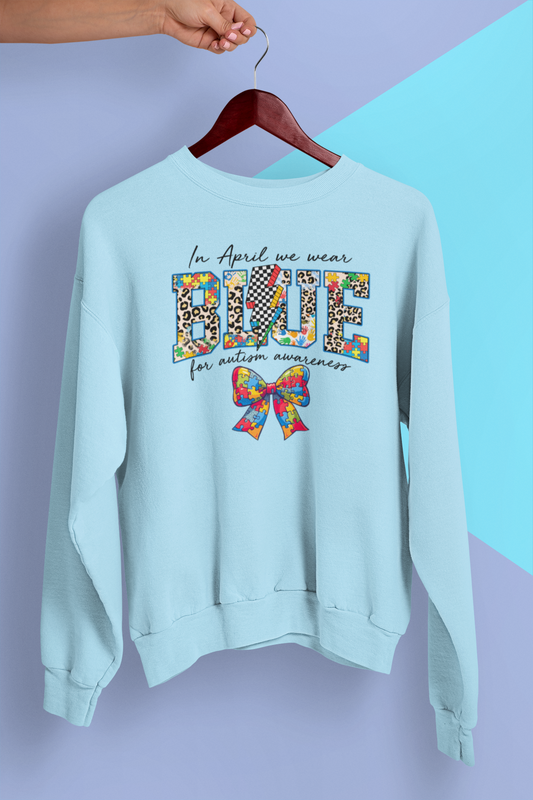Blue Autism Awareness Apparel – Puzzle Bow Retro Pattern Neurodiversity Design