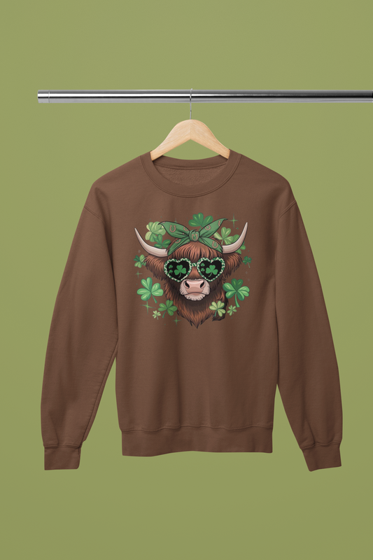 Lucky Highland Cow Clover Graphic Apparel