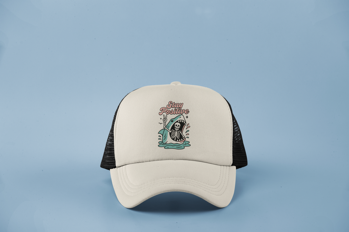 Stay Positive Shark Skeleton DTF Hat – Funny Dark Humor, Edgy Retro Vibes
