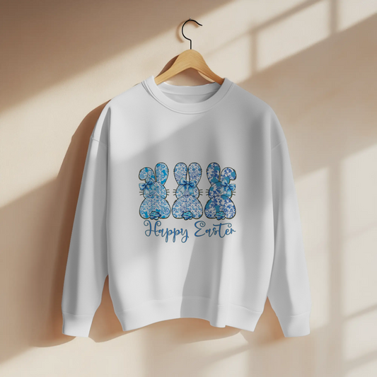 Blue Chinoiserie Bunny Trio Happy Easter Graphic Apparel