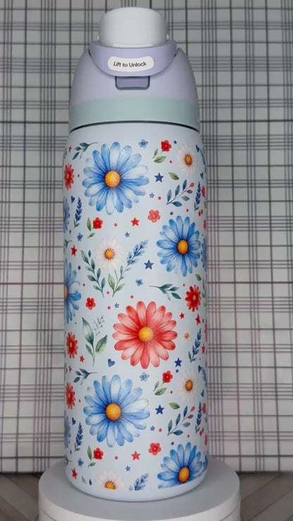 Patriotic Floral Owala Tumbler Red White & Blue Flower Owala  4th of July Daisy Cup