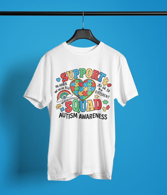 Support Squad Autism Awareness Apparel – Puzzle Heart Rainbow Design