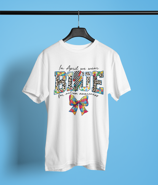 Blue Autism Awareness Apparel – Puzzle Bow Retro Pattern Neurodiversity Design