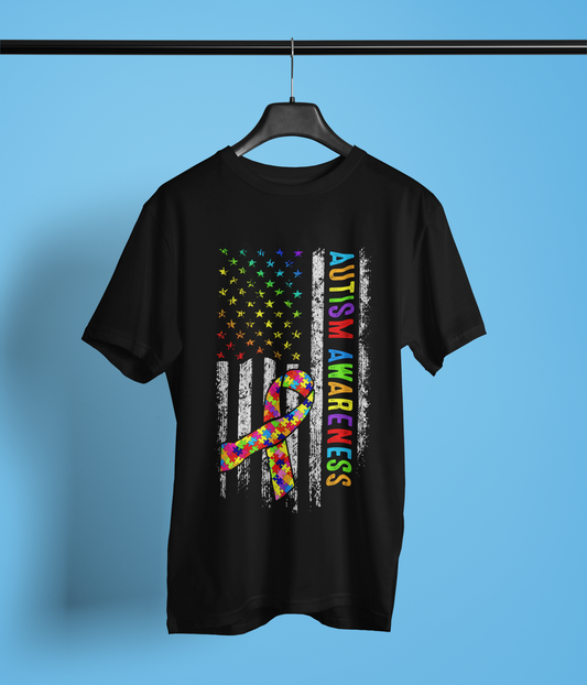 Autism Awareness Apparel – American Flag Puzzle Ribbon Patriotic Neurodiversity Design